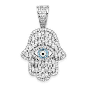 925 Sterling Silver Created White & Blue CZ Hamsa Hand Charm Necklace Pendant
